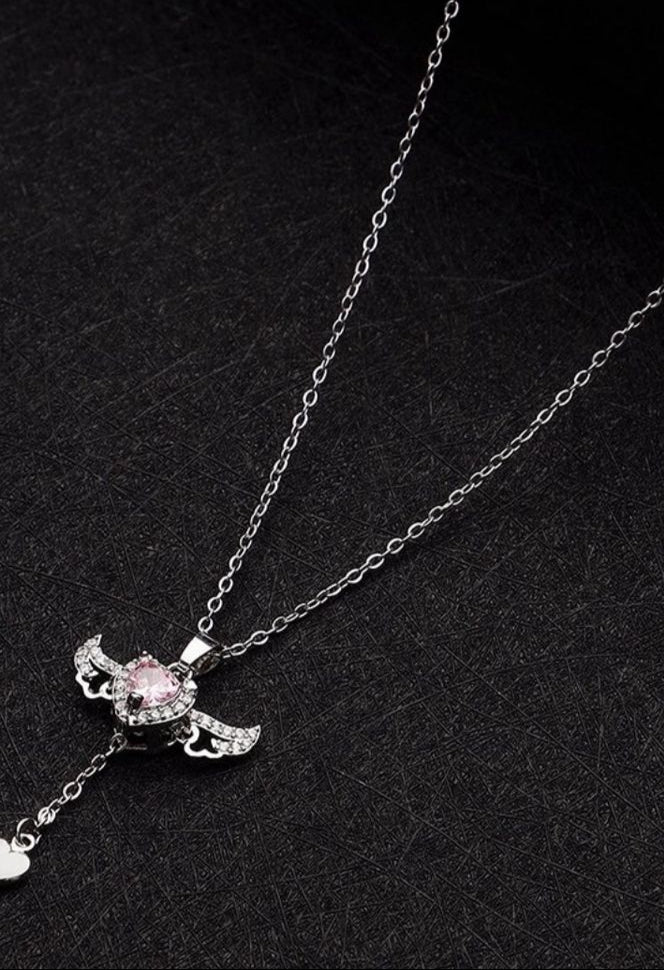 Silver Plated Stone Studded & Heart Charm Pendant With Chain