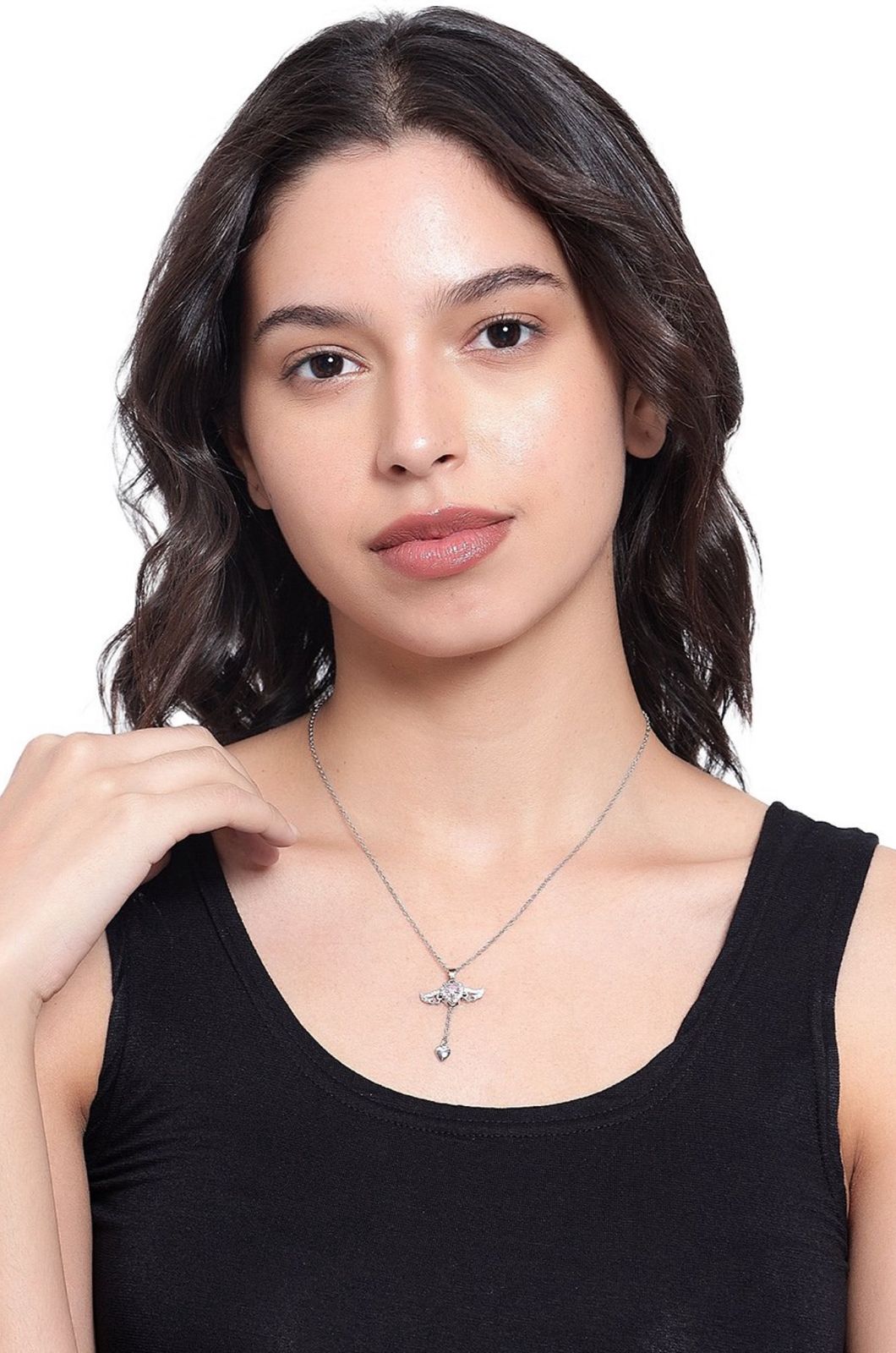 Silver Plated Stone Studded & Heart Charm Pendant With Chain