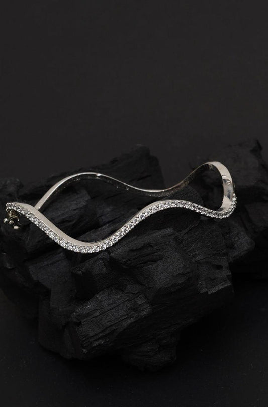 Women Brass American Diamond Studded Silver-Plated Cuff Bracelet