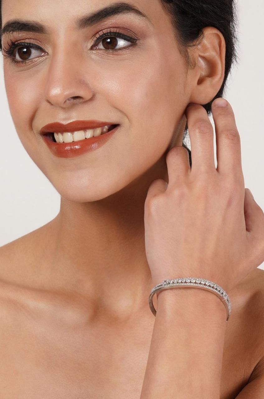 Silver-Plated American Diamond Studded Bangle-Style Bracelet
