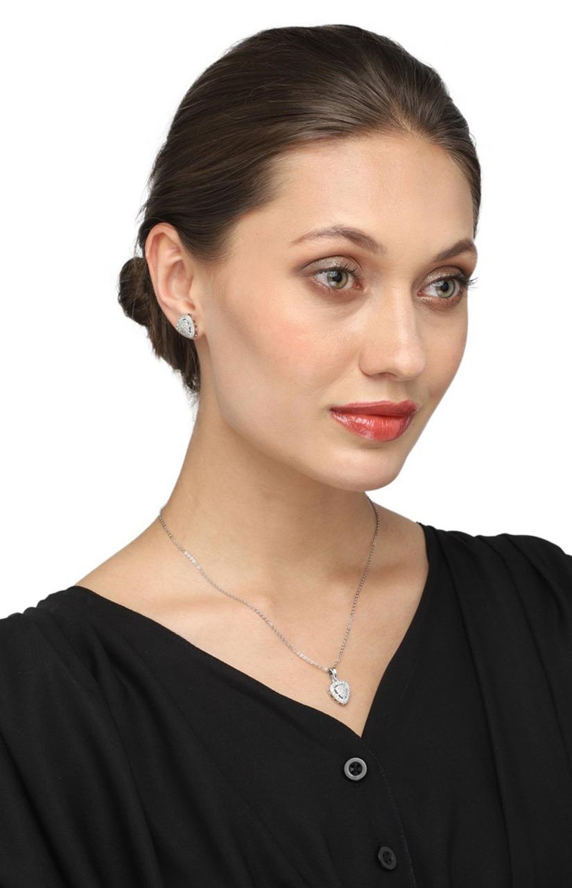 Silver Toned American Dimaond Crytal Studded Geometric Shaped Pendant Set