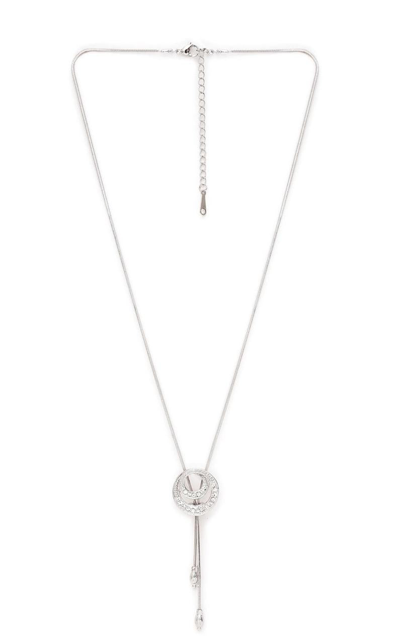 Silver Plated Cubic Zirconia Stone Studded Circular-Shape Pendant With Chain