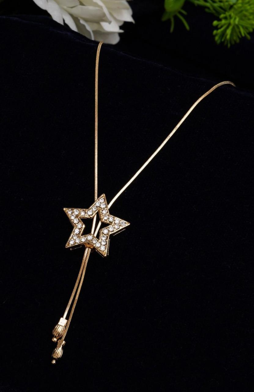 Gold Plated Cubic Zirconia Stone Studded Star-Shape Pendant With Chain