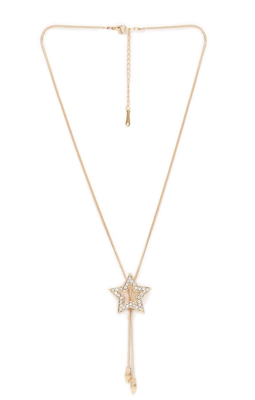 Gold Plated Cubic Zirconia Stone Studded Star-Shape Pendant With Chain
