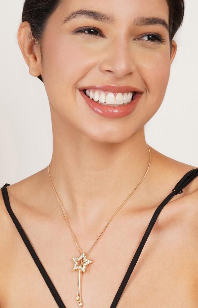 Gold Plated Cubic Zirconia Stone Studded Star-Shape Pendant With Chain