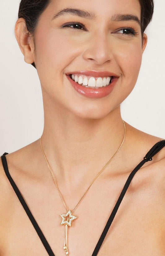 Gold Plated Cubic Zirconia Stone Studded Star-Shape Pendant With Chain