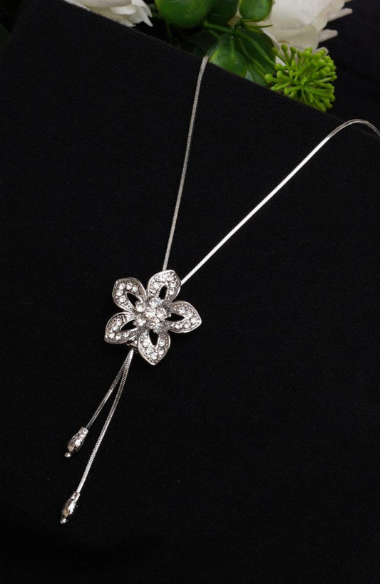 Silver-Plated CZ-Stone Studded Flower-Shape Pendant With Chain