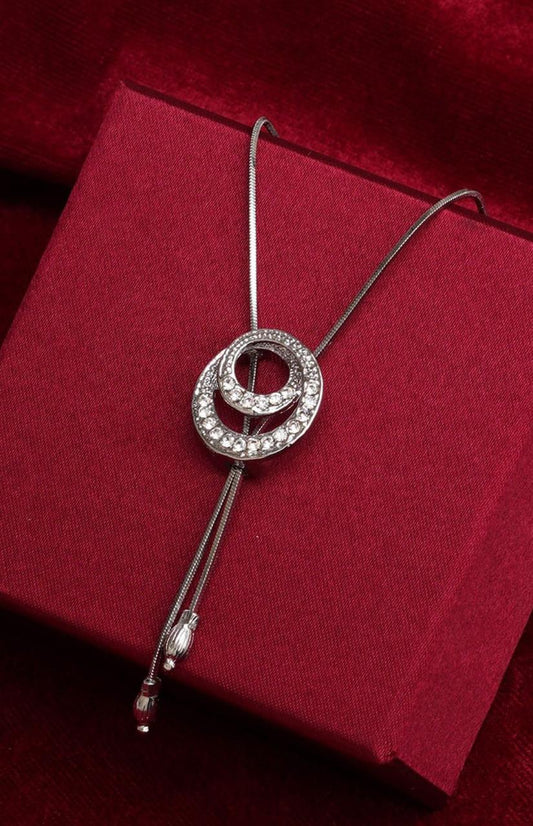Silver Plated Cubic Zirconia Stone Studded Circular-Shape Pendant With Chain