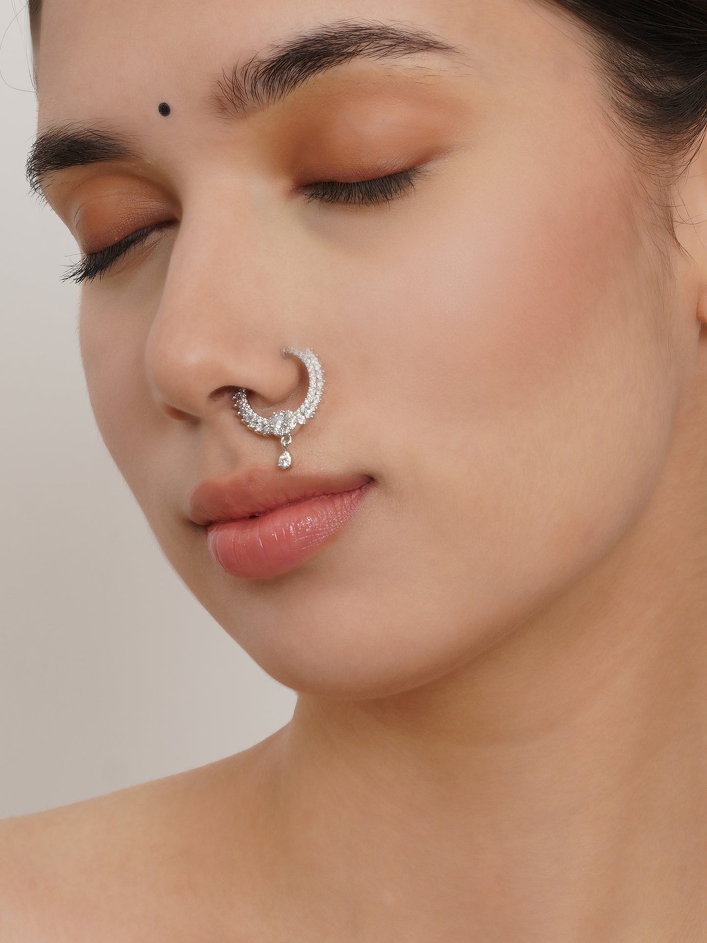 Mali Fionna Silver-Plated Stones-Studded Clip-On Nosepin With Beaded Extension