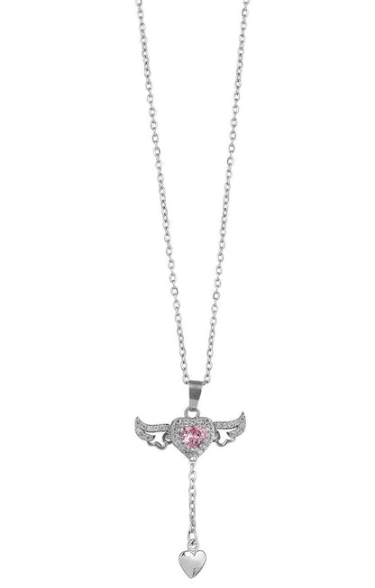 Silver Plated Stone Studded & Heart Charm Pendant With Chain