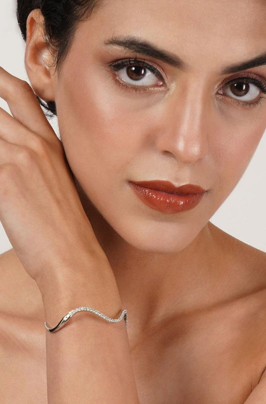 Women Brass American Diamond Studded Silver-Plated Cuff Bracelet