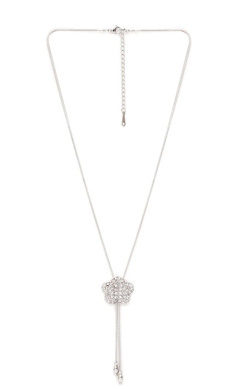 Silver-Plated CZ-Stone Studded Flower-Shape Pendant With Chain