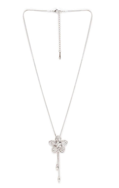 Silver-Plated CZ-Stone Studded Flower-Shape Pendant With Chain