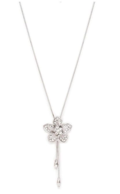 Silver-Plated CZ-Stone Studded Flower-Shape Pendant With Chain