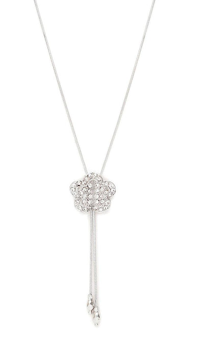 Silver-Plated CZ-Stone Studded Flower-Shape Pendant With Chain