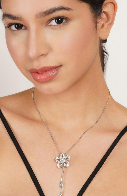 Silver-Plated CZ-Stone Studded Flower-Shape Pendant With Chain